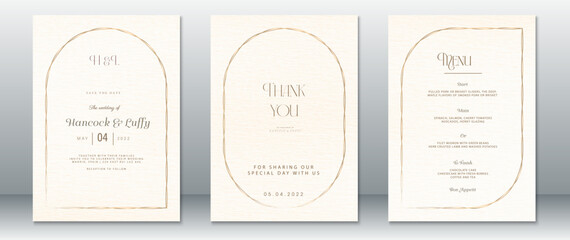 Elegant cream and gold wedding invitation set with modern minimal layout. Includes Save the Date, Thank You, and wedding menu card. Perfect for classic or romantic wedding themes.