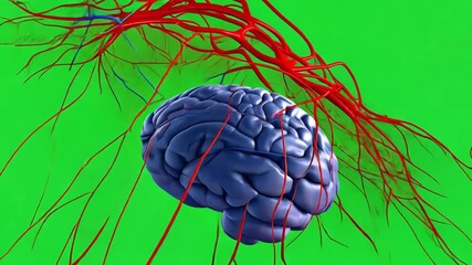 Anatomical Illustration of a Human Brain with Colorful Blood Vessels on a Green Background - Powered by Adobe