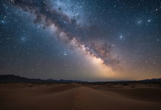 Magnificent night sky reveals the milky way galaxy above desert sand dunes at dusk