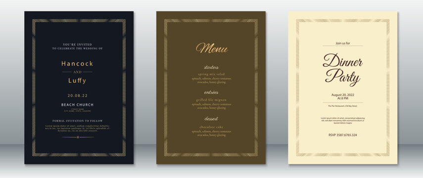 Vintage-style wedding invitation set with gold borders, brown and cream backgrounds, and elegant dinner party design. Suitable for classic and luxury events.