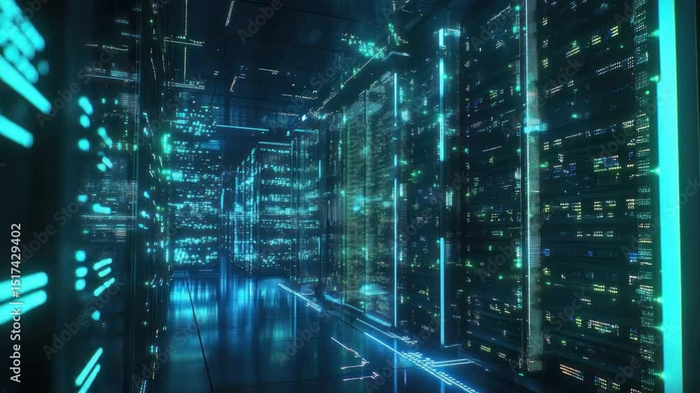 Poster data center corridor: a futuristic perspective of a data center's interior, featuring rows of advanc
