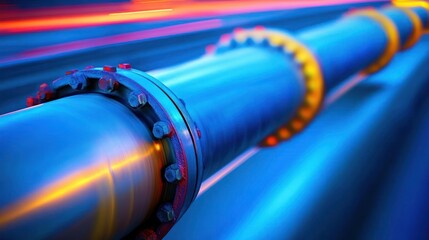 Close-up view of industrial pipes with colorful lighting.