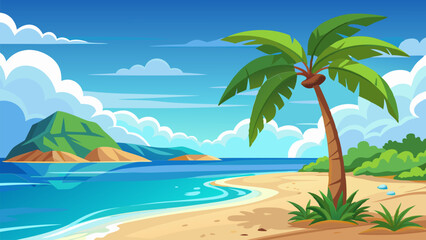 Obraz premium Serene Tropical Beach Landscape. Palm Tree. Ocean. and Island