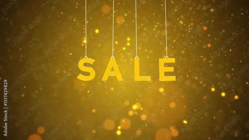 Poster sale word swinging on the string on blurred golden particles loop animation background.