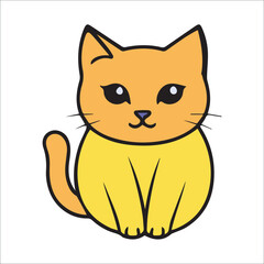 Obraz premium Cute cartoon orange cat wearing yellow clothes, sitting on a white background. Adorable cartoon cat in a yellow outfit, isolated on a white backdrop.