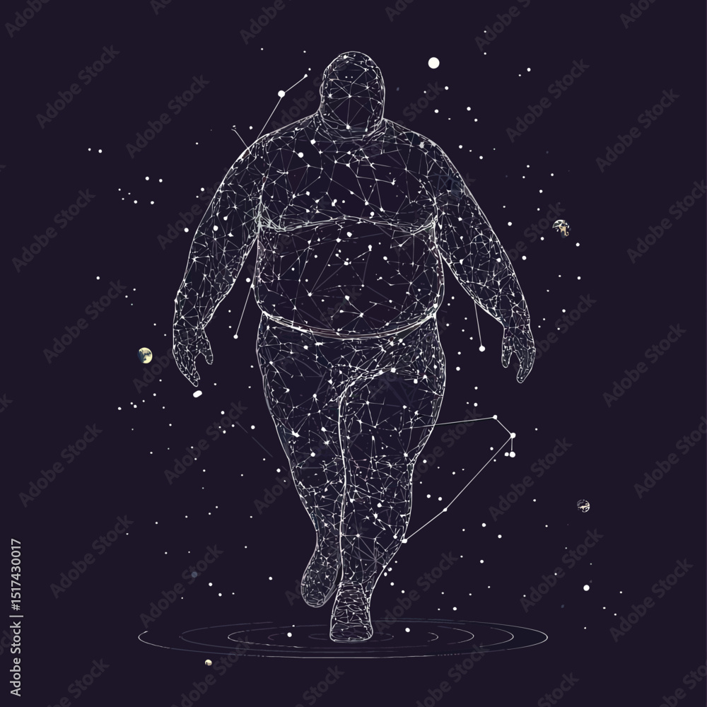 Poster abstract wireframe illustration of an obese human figure formed by interconnected stars and cosmic p