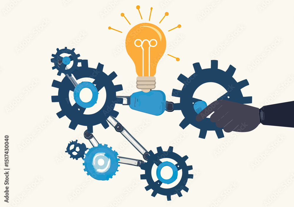 Poster robot hand assembling interconnected blue and black gears with glowing yellow lightbulb symbolizing 