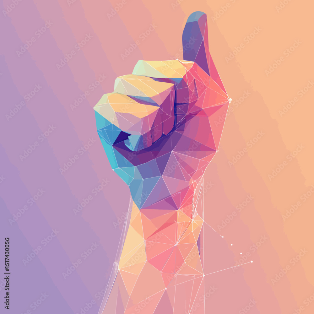 Poster abstract polygonal low poly hand with thumb up gesture in colorful gradient geometric style connecte
