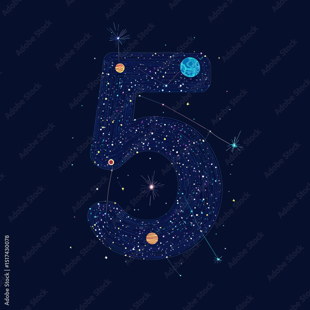 Poster vector number five formed by star constellation and planets in deep space with cosmic celestial obje