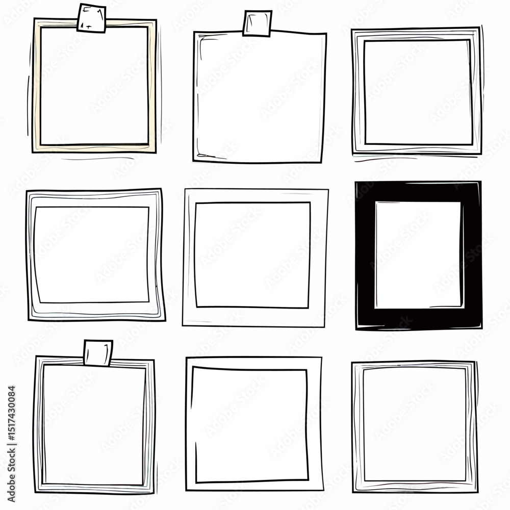 Poster set hand drawn square paper frames with taped corners doodle sketch style minimalist vector illustra
