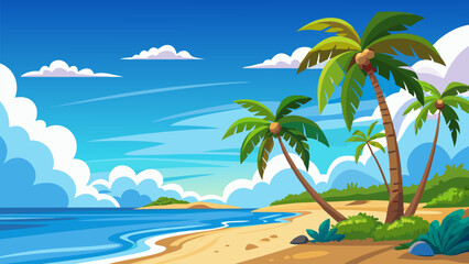 Tranquil Tropical Beach. Palm Trees. Sunny Sky. and Azure Ocean