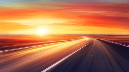 A vibrant, sun-drenched highway stretches into a fiery sunset.