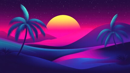 Vibrant, stylized landscape of a desert sunset.