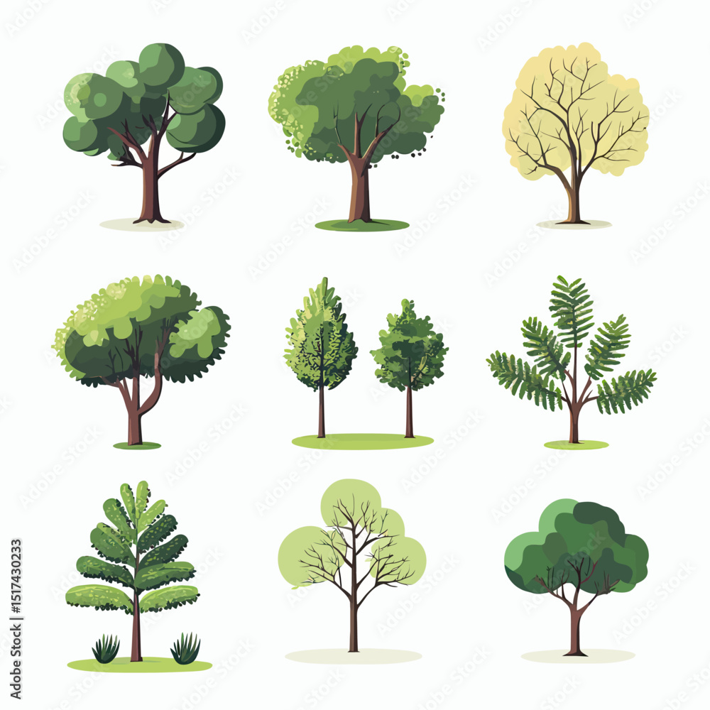 Aufkleber collection of nine different flat style vector trees with various leaf shapes and colors isolated on