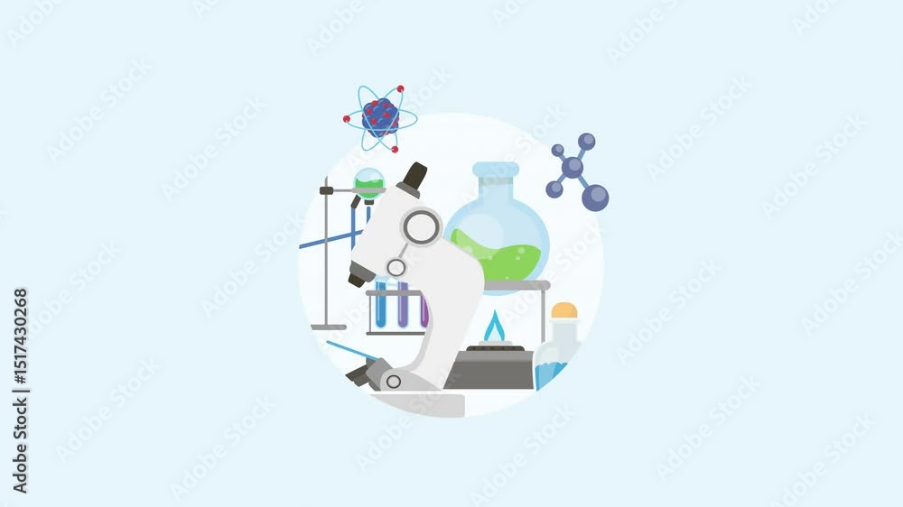 Poster animated science laboratory scene featuring microscope and test tubes on a transparent background