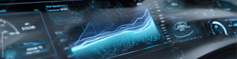 Poster a close up of a digital dashboard displaying data graphs and gauges in shades of blue and white ligh