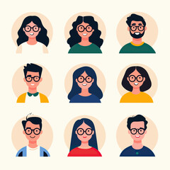 Diverse group of nine smiling young adults with glasses in flat minimalist vector style round portrait icons suitable for social or business avatars and profile illustrations