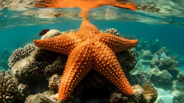 Brilliant Orange Starfish on Coral Reef Under Turquoise Water in Natural Lighting