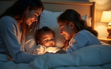 Mother Caring for Her Lovely Daughter, Putting Her to Sleep in Bed Before at Home in the Evening. Babysitter Tucking Little Girl in Blanket and Turning Off Light in Table Lamp. High quality