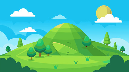 Serene Green Hill Landscape. Sunny Day. Cartoon Nature Scene