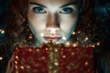 Woman Opening a Gift Box with Magic Sparkles Beautiful Portrait Image