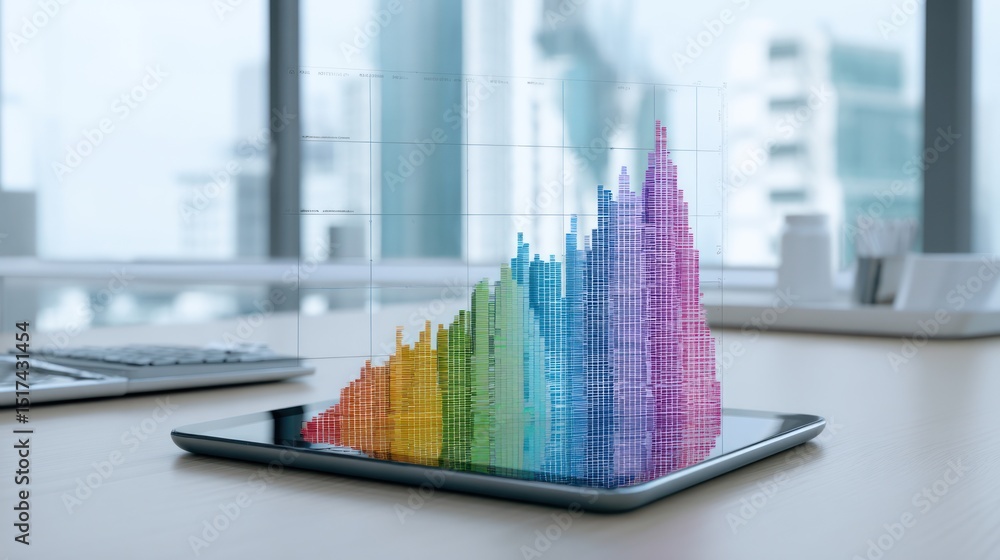 Poster a tablet displaying a colorful bar graph with a rising trend on a desk in an office environment
