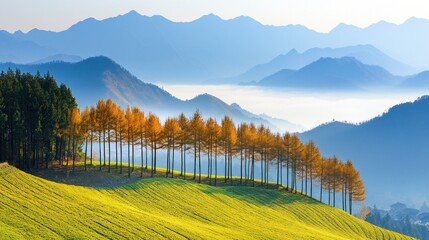 Misty mountain range with rows of trees and a vibrant hillside.