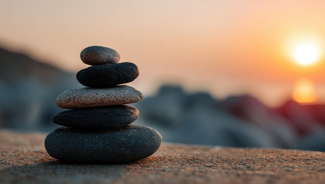 A carefully balanced stack of smooth, dark and light grey stones rests on a sandy beach at sunset, the sun a warm orange-gold behind it, out of focus