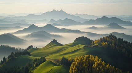 Misty mountain range, lush green hills, and forests.