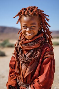 Portrait of a Himba child coated in traditional red ochre paste covering skin and hair