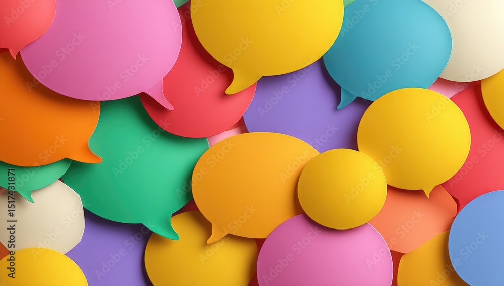 Poster a dense collection of colorful speech bubbles, varying in size and shade, create a vibrant, layered 