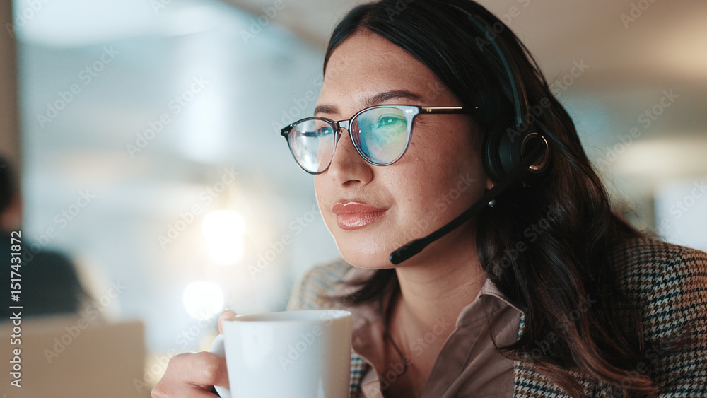 Poster coffee, headset and reading with woman in call center for assistance, help pr support at night. cont