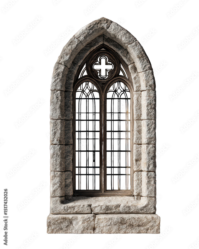 Poster architectural gothic window on black background casting soft light and shadows