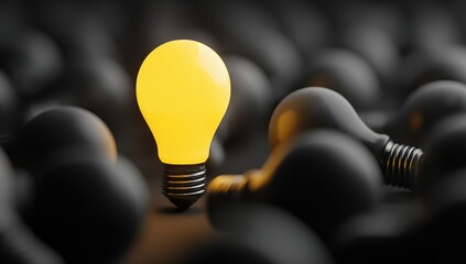 A single illuminated lightbulb stands out amongst numerous unlit bulbs, symbolizing unique ideas and innovation