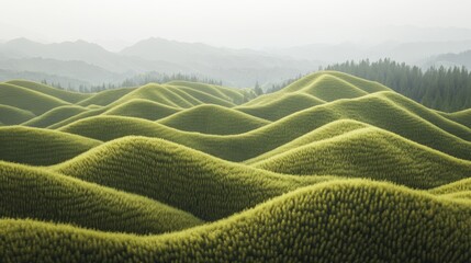 Rolling hills of vibrant green landscape.