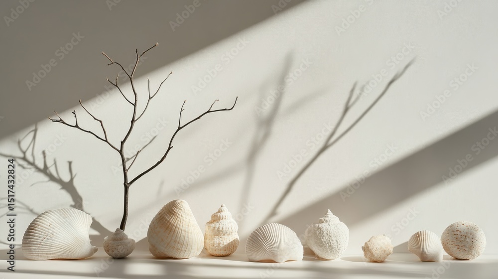 Poster variety of seashells and a bare branch in minimalist setting