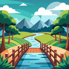 Tranquil River Landscape. Serene Nature Scene with Bridge and Mountains