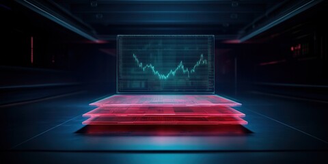 A futuristic display showing a stock market graph on a layered platform with neon red and blue lighting