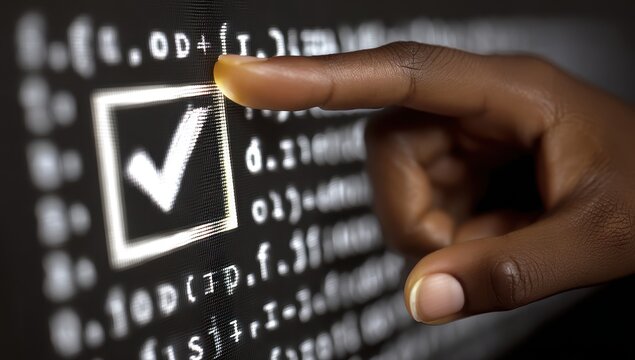 A hand points to a checkmark on a screen filled with code