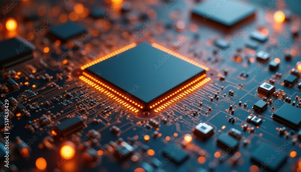 Aufkleber glowing microchip on circuit board in technological environment