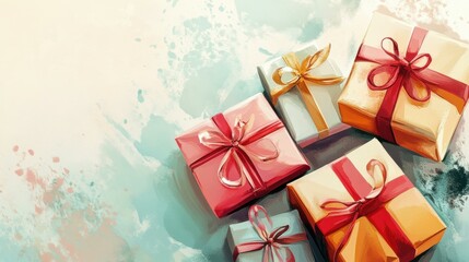 Obraz premium Five colorful gift boxes with ribbons on flat surface indoors