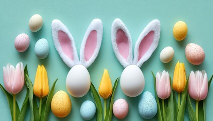 Easter eggs, bunny ears, tulips on mint backdrop