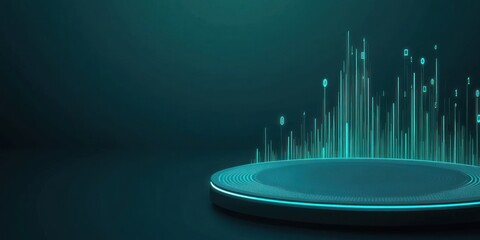 A futuristic platform with digital data streams rising in a teal and black color scheme backdrop scene