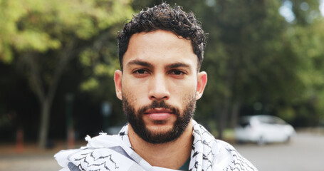 Portrait, man and outdoor with keffiyeh scarf for islamic culture, Eid Mubarak and traditional....