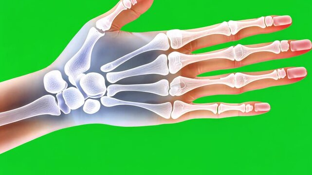 Detailed Human Hand Anatomy Showing Bones and Structure with Overlaid X-Ray Effect on Bright Green Background