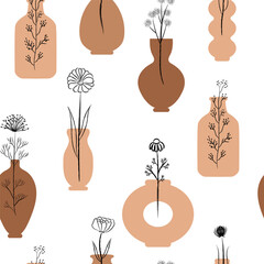 Wild flowers in vases seamless pattern. Silhouette modern forms. Minimalistic bouquet in Ceramic on white background for printing on wallpaper, wrapping paper, fabric.
