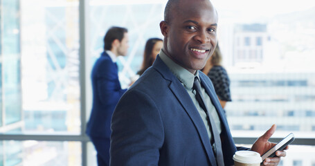 Portrait, businessman and attorney in office with phone, corporate career and legal aid to contact....