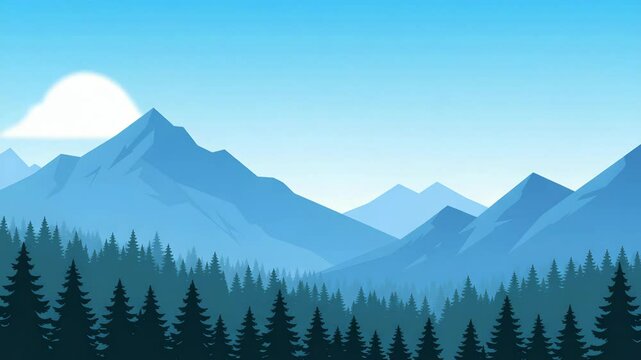 Pixel Art Landscape Featuring Blue Layered Mountain Ranges and Forest Under Clear Sky Peaceful Nature Scene
