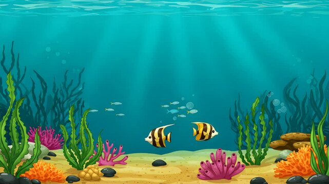 Pixel Art Underwater Scene with Tropical Fish Coral and Seaweed Animated Marine Life Pixelated Sand and Ocean Backdrop