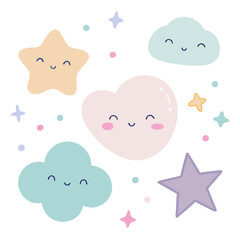 Fototapeta premium Kawaii Mood Doodles Vector Set | Cute Expressive Faces and Adorable Emotion Icons